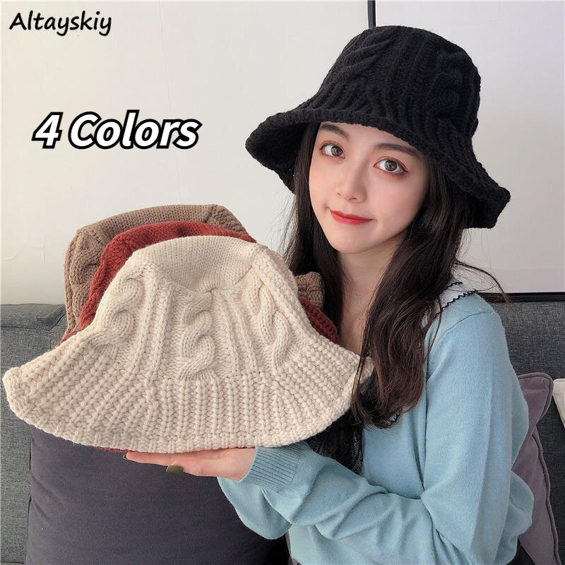 Bucket Hats Women Solid Designer Korean Fashion Casual Keep Warm Knitting Chic All Match Ins Schoolgirls Outdoor Simple Lovely