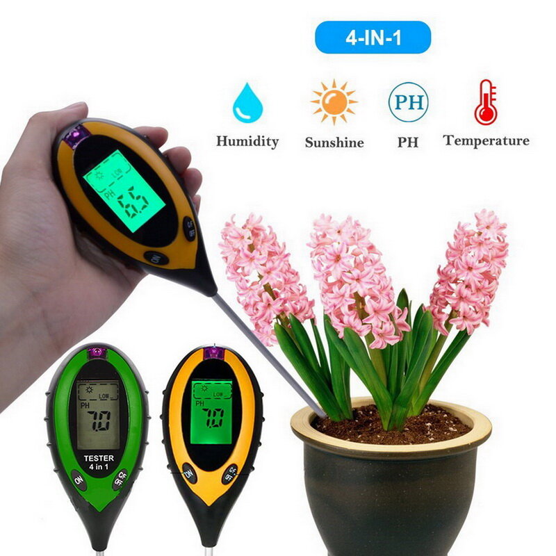 Medidor de Ph del suelo 4 en 1, medidor de humedad del PH, medidor de humedad, temperatura, medición de intensidad solar, análisis de acidez alcalina