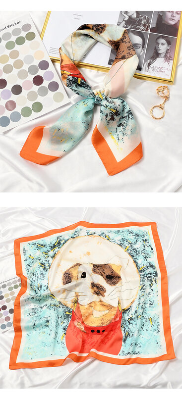 New 70x70cm Women Multifunction Polyester Silk Scarf Lovely Dogs Printed Satin Small Square Wraps Scarves Shawl Animal Shawls