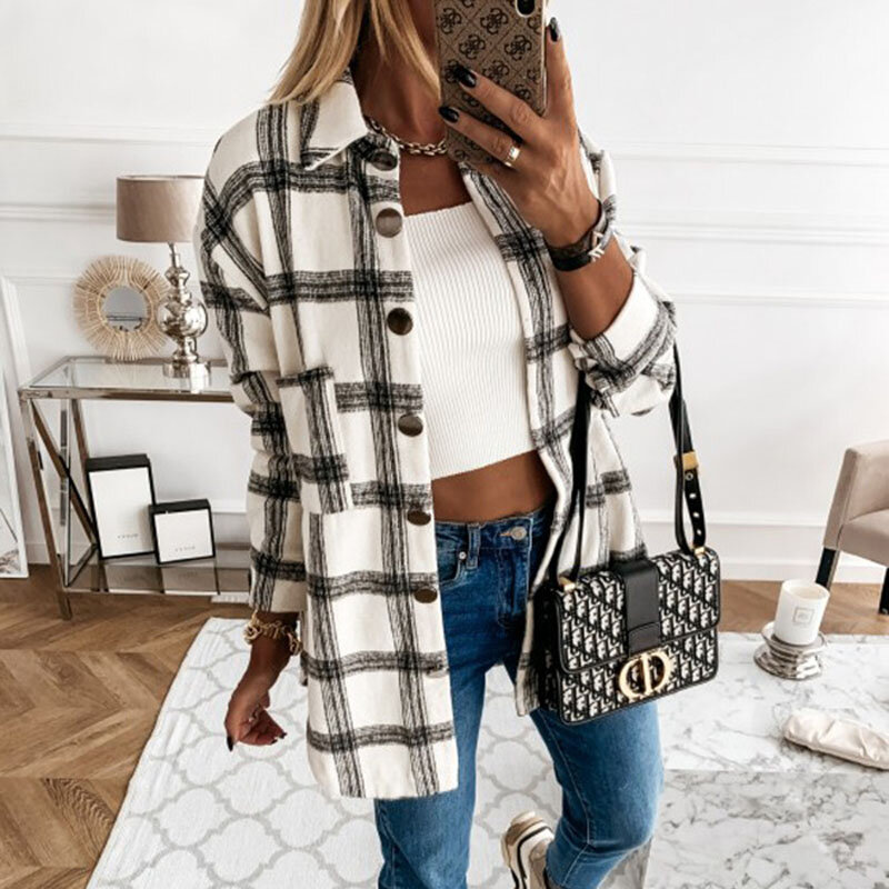 Women Blouses Autumn And Winter Loose Casual Retro Tops All-Match Plaid Long-Sleeved Shirt Jacket 3 Colors Chic New