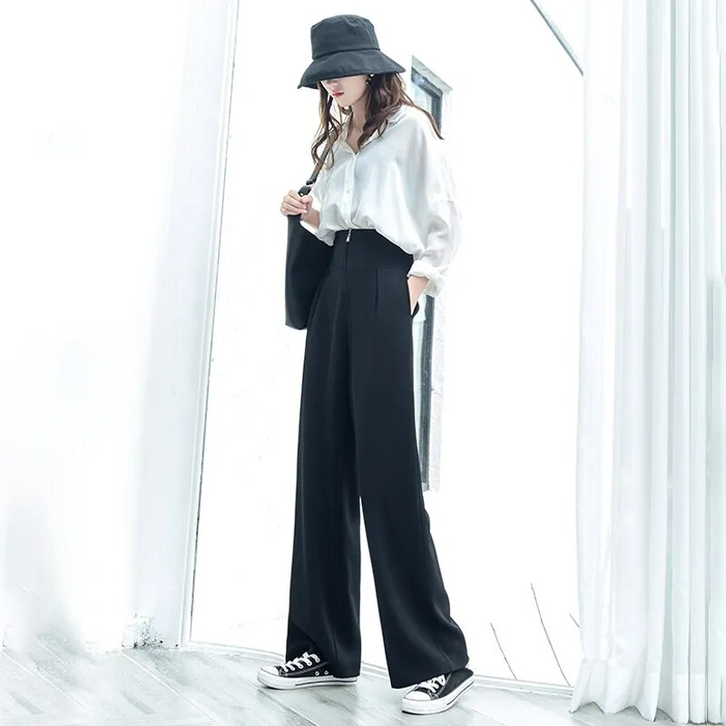 Coreano moda feminina 2023 primavera outono nova cintura alta ampla perna calças femininas solto casual reta perna streetwear preto