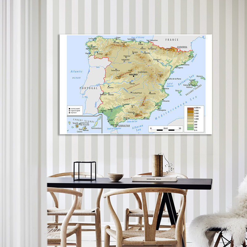 150*100 Cm Peta Spanyol Topografi Non-woven Kanvas Lukisan Dinding Seni Poster Perlengkapan Sekolah Dekorasi Rumah
