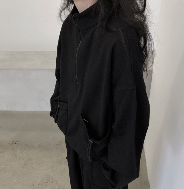 Зимний новый женский свитер, плотный и Свободный корейский дизайн, куртка, карман на шнурке, воротник-стойка на молнии
