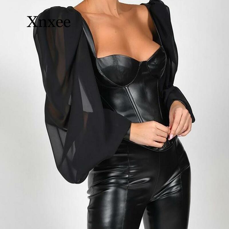 Square Kerah PU Leather Sexy Backless Puff Lengan Blus Wanita Off Bahu Tops Wanita Kemeja Blusa Mesh Tipis Pu Kulit top