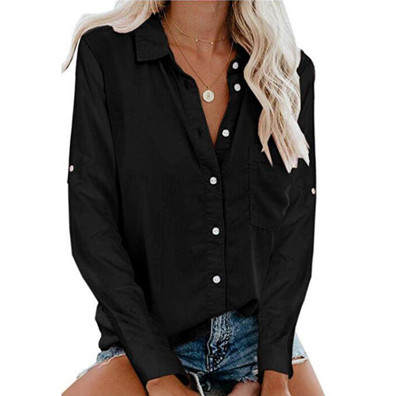 CINESSD Women Casual Blouses Blue Turn Down Collar Cuffed Long Sleeves Cardigan Button Pocket Office Lady Tops Blouse Tee Shirts