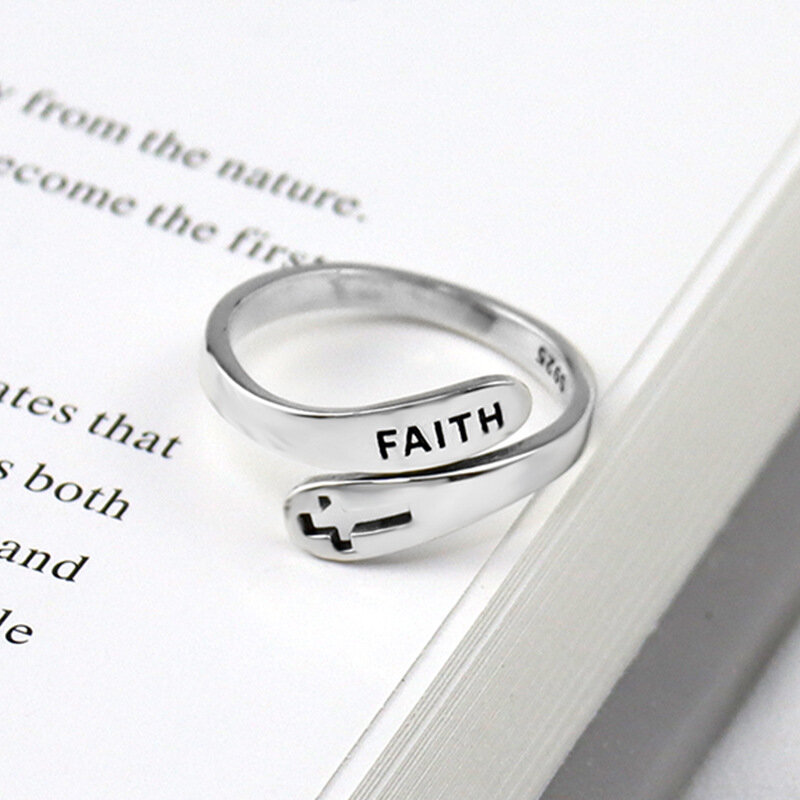 925เงินสเตอร์ลิงแหวนเงินผู้หญิงCross Faithตัวอักษรงานแต่งงานเครื่องประดับอินเทรนด์ขนาดใหญ่ปรับโบราณแหวนAnillos