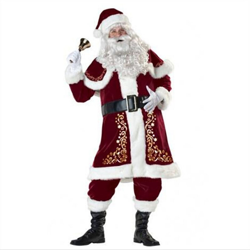 Adulto natal trajes cosplay natal papai noel terno vermelho luxo veludo fantasia 9 pçs conjunto de festa de natal homem traje festa vestir
