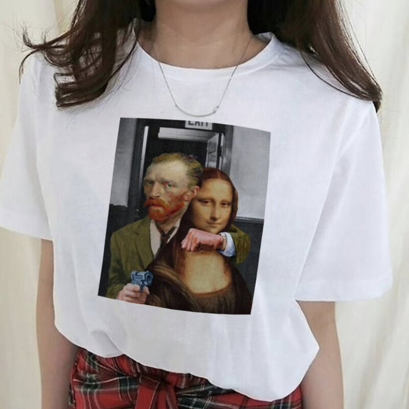 Camiseta con estampado artístico Harajuku para mujer, Top informal, blusa básica de manga corta con cuello redondo para mujer, ropa para chica