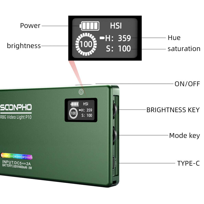 Soonpho P10 8W 2500K-8500K CRI 95 + RGB LED Video Light 4000mAh batteria integrata Kit luce Video fotoraphy a colori dimmerabile