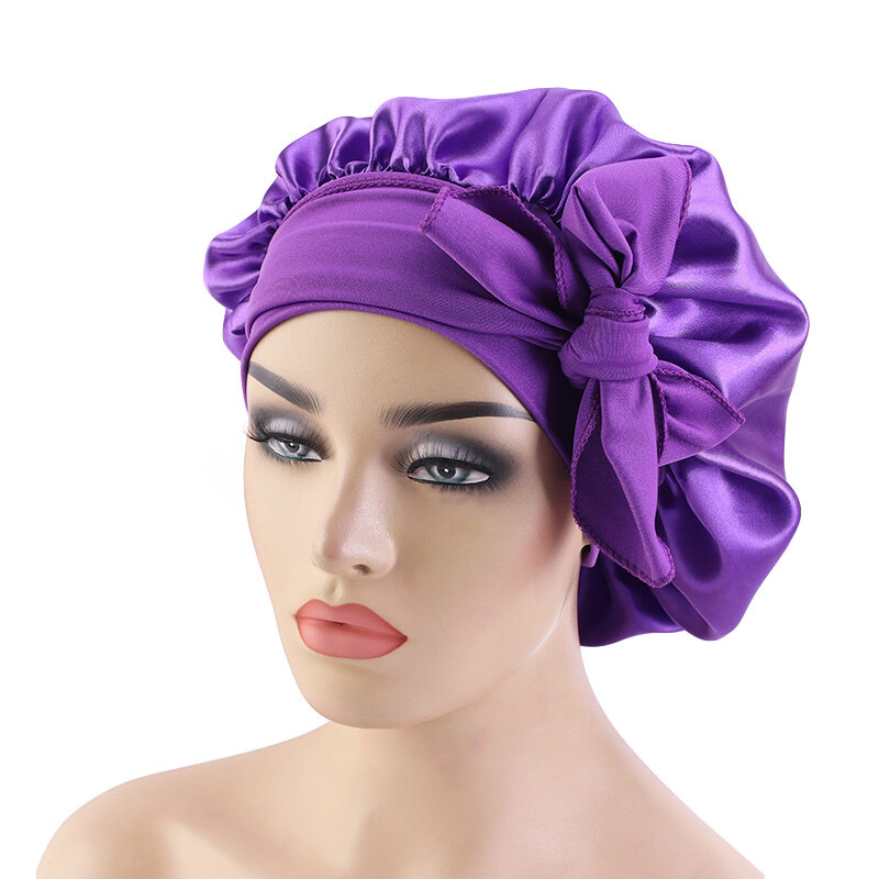 Cappellino in raso massiccio con cravatte larghe elasticizzate cura dei capelli lunghi cappello da notte per donna regola la cuffia per lo Styling dei capelli cuffia per la doccia avvolgente in seta