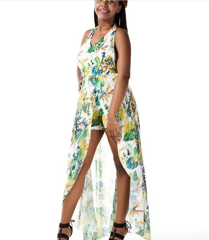 Женское платье с V-образным вырезом, Длинная пляжная юбка с цветочным принтом и открытой спиной, лето 2021