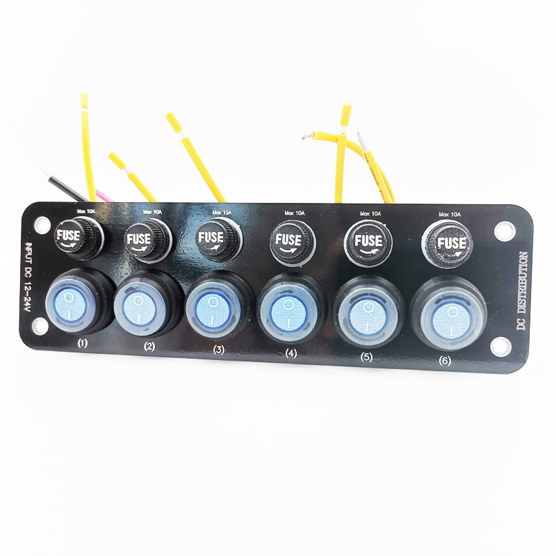 Interruptor de palanca de 6 entradas, Panel de alimentación LED azul, fusible 10A para coche, autocaravana, barco marino, 12-24V