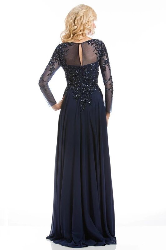 Navy Blue Mother Of The Bride Dresses A-line Long Sleeves Chiffon Beaded Formal Groom Long Mother Dresses For Wedding
