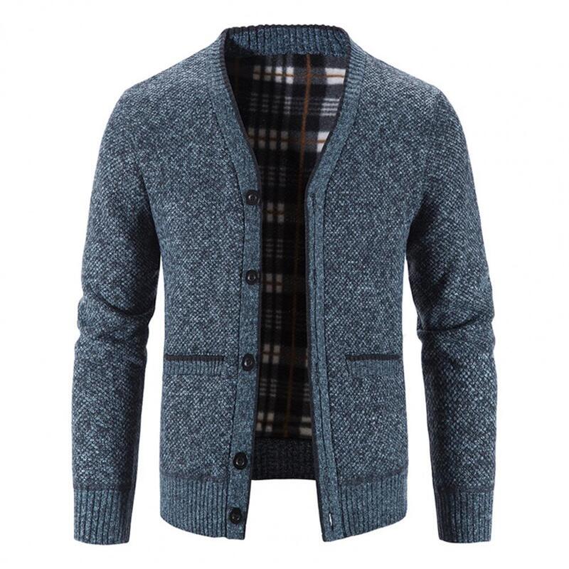 Męskie dzianinowy płaszcz jednokolorowe V Neck jesienno-zimowa zagęścić pluszowy ciepły kardigan sweter na odzież na co dzień