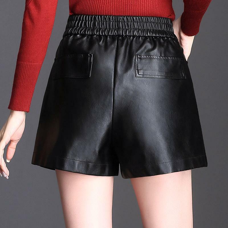 Shorts de couro feminino, shorts curtos com cintura alta soltos estilo coreano e de cintura alta plus size para mulheres