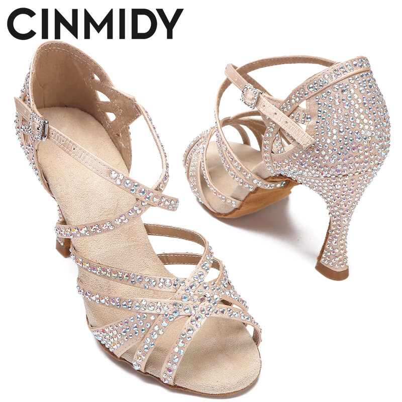 CINMIDY 여성용 라인스톤 라틴 댄스 신발, 부드러운 바닥, 살사 신발, 댄스 샌들, 웨딩 하이힐, 7.5cm