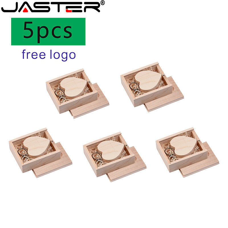 JASTER 5pcs wholesale free logo USB 2.0 4gb 8gb 32gb 64gb 128gb The latest in wood heart + gift box USB flash drive Wedding gift
