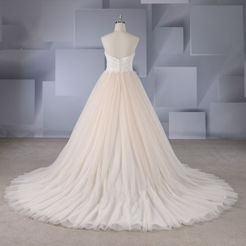 Personalizado feito de luxo a linha vestidos de casamento rede cetim applique beading até o chão vestido nupcial tribunal trem zíper