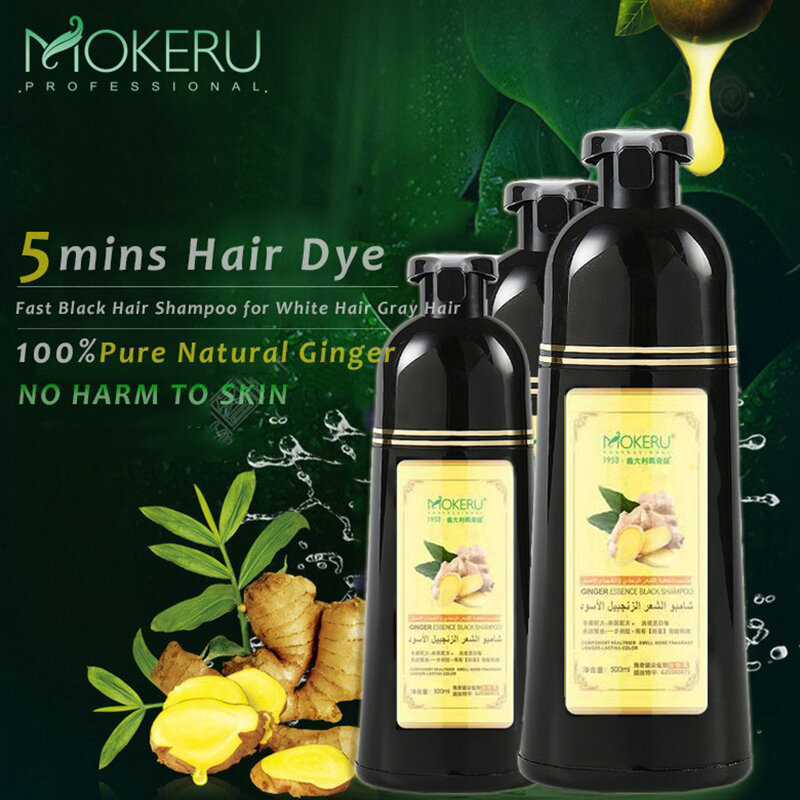 Mokeru orgânico gengibre natural 5 minutos tintura de cabelo rápido permanente preto tintura de cabelo cor shampoo para cobrir cabelo cinza shampoo