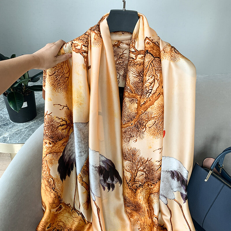 Protetor solar cetim moda toalha de praia senhoras neckerchief popular pássaro impressão de seda scarfs luxo 180*90cm xales bandana silenciador