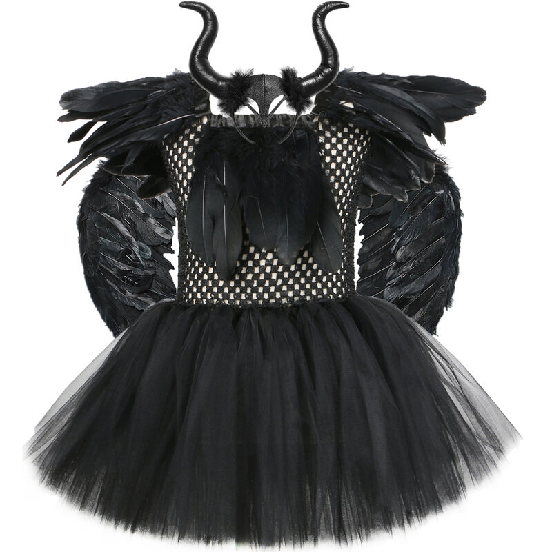 Evil Queen Halloween เครื่องแต่งกายสำหรับเด็กสีดำขนนกหญิงแฟนซี Tutu กับ Horns Wing แม่มดคอสเพลย์เสื้อผ้าเด็ก1-12