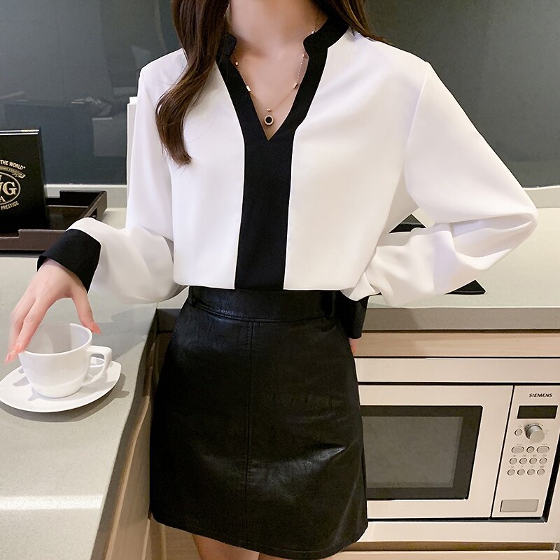 Женская шифоновая блузка, Корейская Свободная рубашка с V-образным вырезом и длинным рукавом, топы, весна 2021