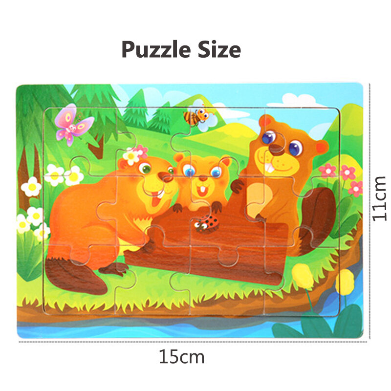 3D Cartoon Animals Wooden Puzzle for Kids, Cognitive Jigsaw, Baby Educational Toys, 15x11cm