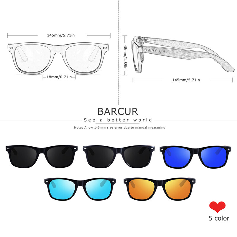 BARCUR สีดำวอลนัทแว่นตากันแดด Polarized แว่นตากันแดดชายแว่นตาผู้ชาย UV400 แว่นตาไม้ Original Box