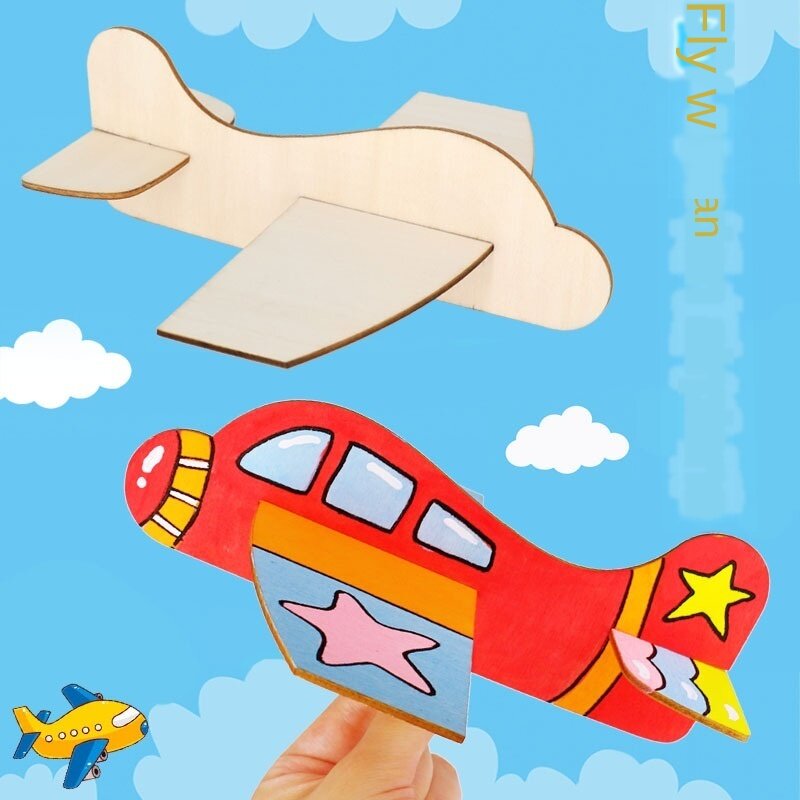 Avión insertado de lucha de madera en blanco, Material de Graffiti pintado para guardería, juguetes educativos para niños, modelo de Base blanca