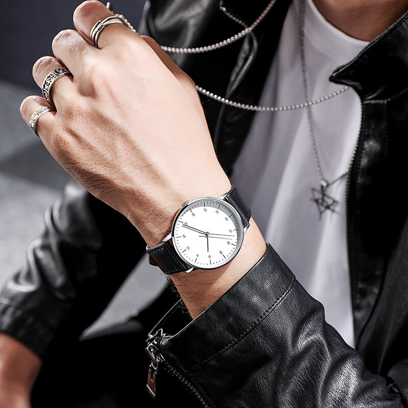 Montre d'affaires sans Logo mouvement japonais bracelet en cuir PU lunette fine Design Simple minimalisme