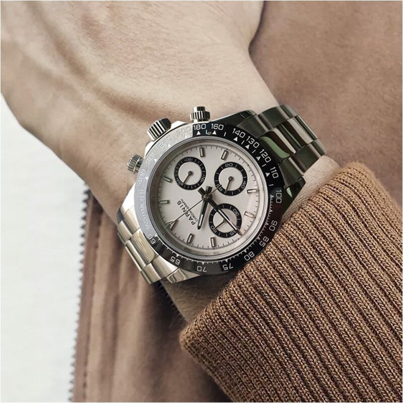 นาฬิกาแฟชั่น Parnis หน้าปัดควอตซ์โครโนกราฟ39mm สำหรับผู้ชายเป็นทางการสุดหรูกันน้ำแซฟไฟร์คริสตัล