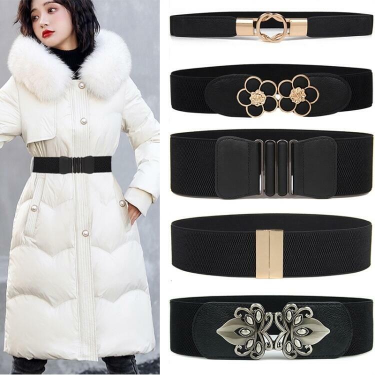 Cinturones elásticos para vestido para mujer, faja elástica ancha de color negro, con hebilla dorada y plateada, abrigo de verano e invierno