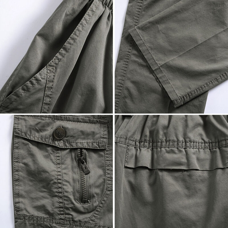 Męskie spodnie typu Casual bawełniane kombinezony w pasie pełne Len multi-pocket Plus nawóz odzież męska duże spodnie Cargo