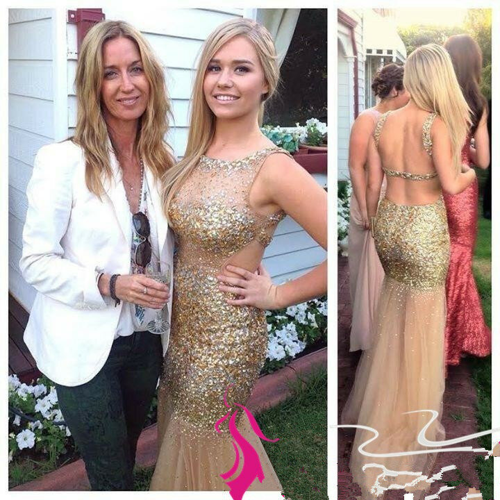 Backless Champagne Mermaid Newly Gold Beading Sparkly Evening Party Long Prom Gown vestido formatura mother of the bride dresses