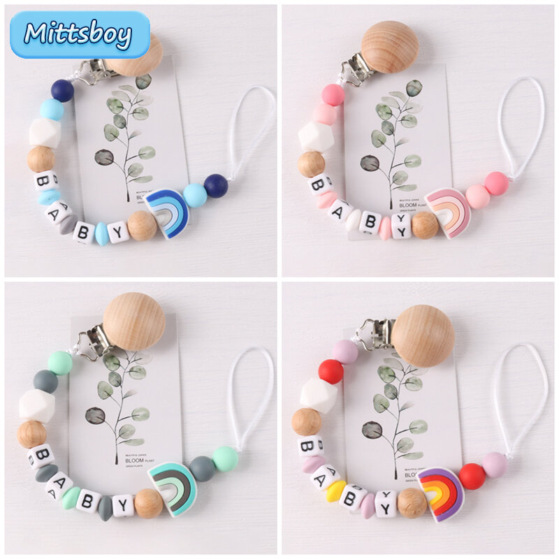 NEW Personalized Name Handmade Beech Pacifier Clip Holder Chain Silicone Rainbow Pacifier Chain Baby Teether Teething Chain Gift