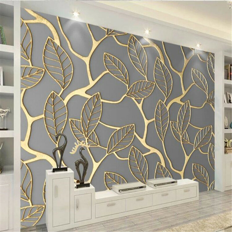 Milofi customized 3D photo non-woven fabric mural wallpaper golden three-dimensional leaf TV background wall paper mural
