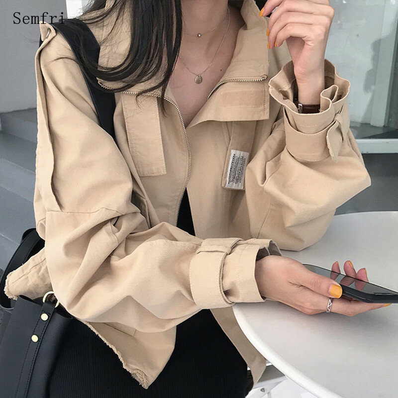 Semfri 2020 봄 가을 코튼 여성 자켓 새로운 한국어 버전 짧은 윈드 브레이커 여성 느슨한 긴 소매 공구 자켓