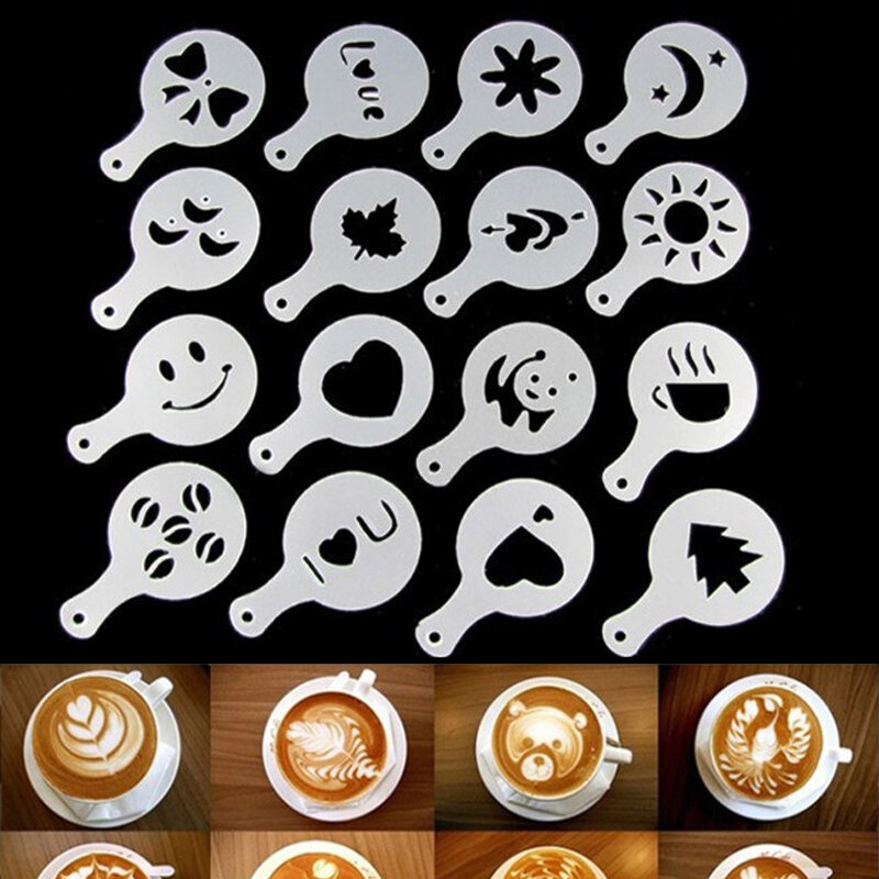 16PCS modello di schiuma di plastica per caffè Barista stencil stampo caffè aghi per arte acciaio inossidabile latte ghirlanda ago in polvere spruzzare