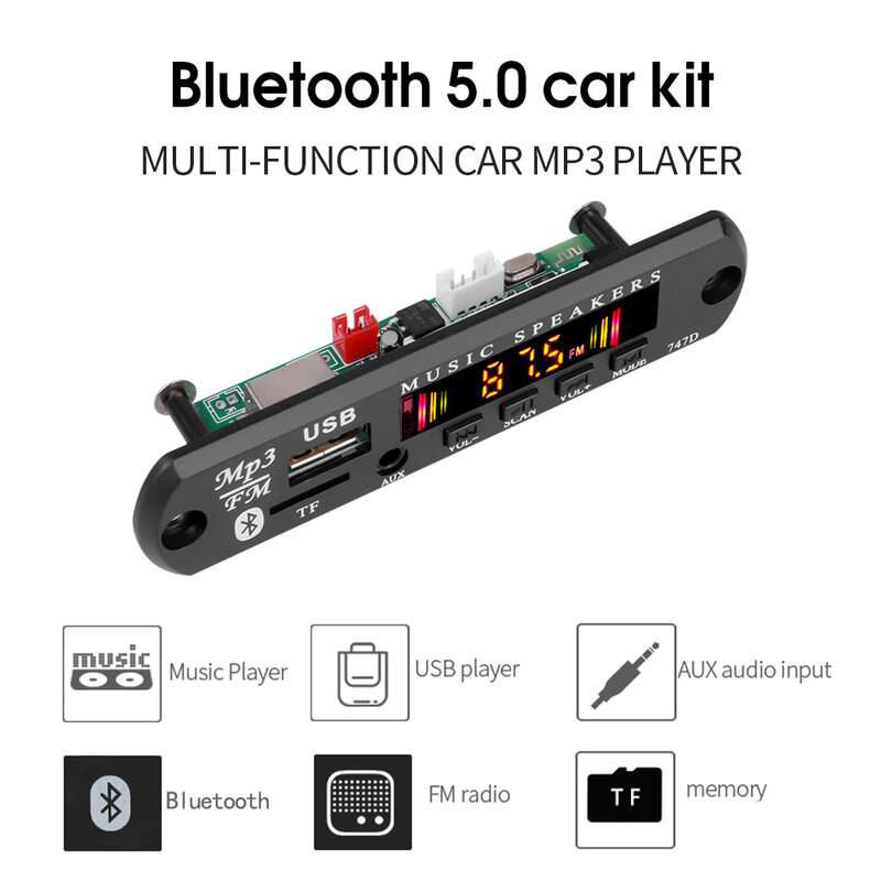 Placa decodificadora de carro sem fio com controle remoto, tela colorida, MP3 Player, WMA, áudio, USB, TF, rádio FM, Bluetooth 5.0, 9V-12V