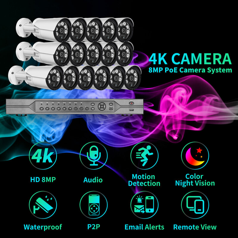 AZISHN-Sistema de videovigilancia de seguridad, Kit de NVR POE, 8MP, 16 canales, visión nocturna en Color al aire libre, IA, detección de movimiento, H.265