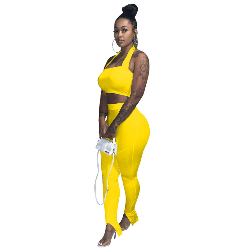 2021 Spring Women Two Piece Set Strapless Halter Crop Top  + Pencil Pants Skinny Tracksuit Sportwear Solid Color Outfit
