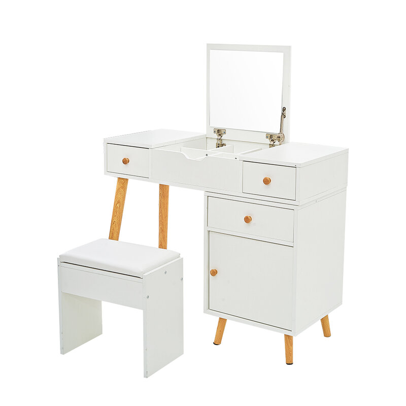 Panana Dressing Table Set Flip Up Mirror Modern Wood Effect Makeup Table with 5 Drawers Large Storage Space