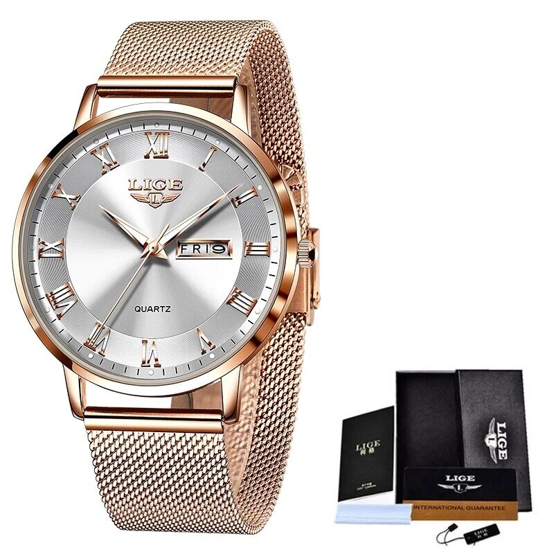 LIGE 여성용 초박형 쿼츠 시계, 럭셔리 브랜드, 패션 시계, 스테인레스 스틸, 방수 달력 주 손목시계