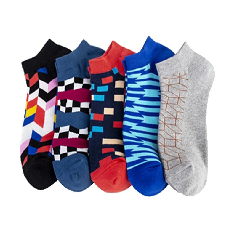 2020 novos meias de algodão masculino curto moda colorida figura geométrica série barco meias homens casual tornozelo meias tamanho grande 39-46