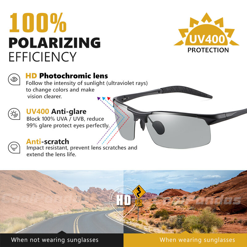 Óculos de sol fotocromático sem aro em alumínio masculino, óculos polarizados para dia e noite, óculos camaleão antirreflexo, 2023