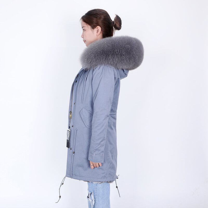 Maomaokong zimowy płaszcz damski, prawdziwy królik futrzana podszewka, kołnierz z futra lisa, długe szare damskie płaszcz z kapturem, zimowy płaszcz wyjściowy