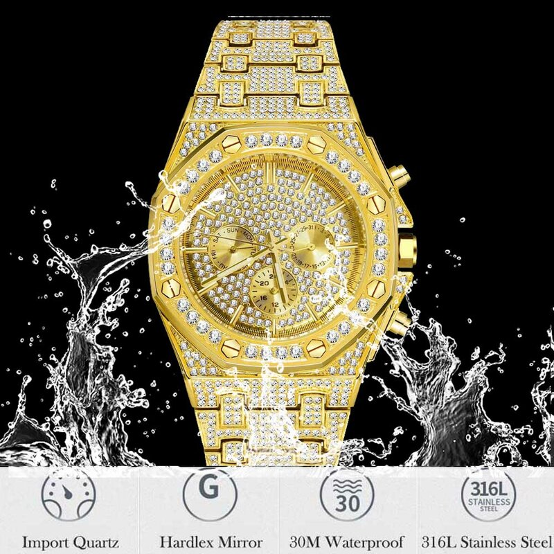 18K Gold นาฬิกาผู้ชายหรูหรายี่ห้อรอบ Bling Diamond Mens นาฬิกากันน้ำสแตนเลส Hip Hop นาฬิกาข้อมือควอตซ์ Relogio