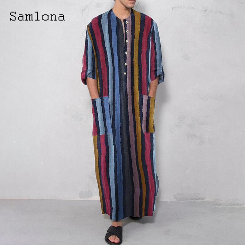 Samlona 플러스 사이즈 남성 이슬람 카프탄 아랍 2024 용수철 캐주얼 셔츠, 반팔 의류, 남성 패션 줄무늬 가운