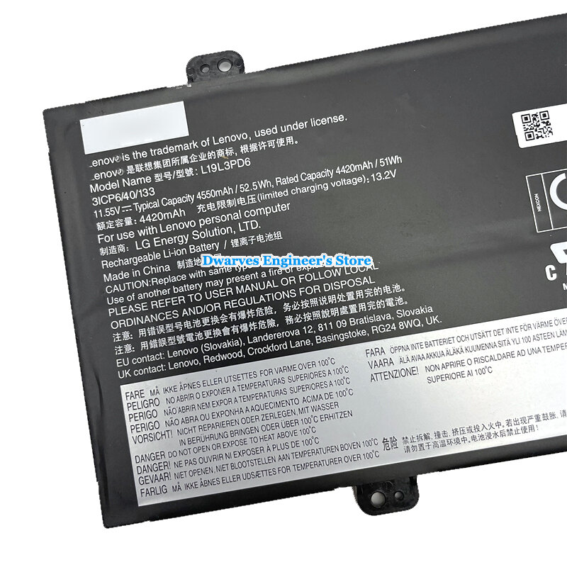 Batería recargable para portátil Lenovo SB10X49074 3ICP6/11,55, paquetes de 40/133 mAh, 3 celdas, 52.5Wh, 4550 V, L19L3PD6