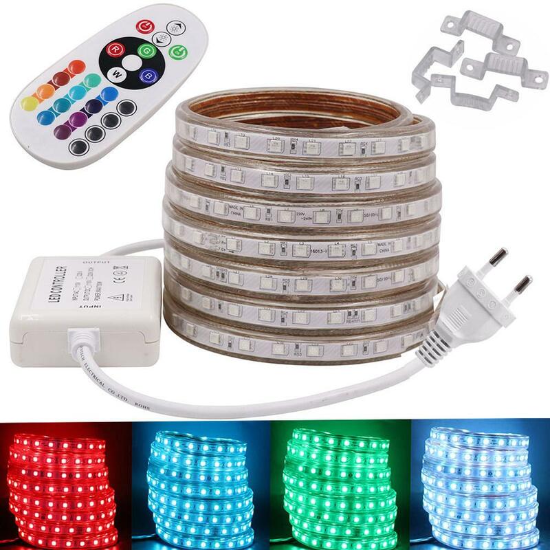 Tira de luces LED RGB 220, 5050 V, resistente al agua IP67, para exteriores, 1m, 2m, 3m, 5m, 10m, 15m, 20m, control remoto RGB, Reino Unido/AU/UE